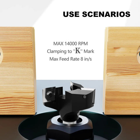 Pro Grade Heavy Duty CNC Spoilboard Surfacing Router Bit With Half Inch Shank And Two Inch Cutting Diameter Three Wing Coated Carbide Inserts Slab Flatting Planer Bit For Woodworking Includes Replacement Blades shown in use setup with wooden blocks