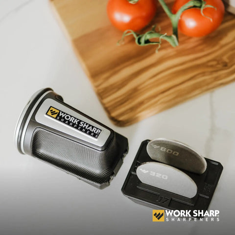 Rolling Knife Sharpener with four sharpening angles 15 degree 17 degree 20 degree 25 degree and magnetic angle block, black color, on kitchen counter