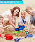 Family playing on beach with 16 Inch Beach Sand Shovel Toy For Kids, Jumbo Garden Scoop Tool Kit, blue and green shovels