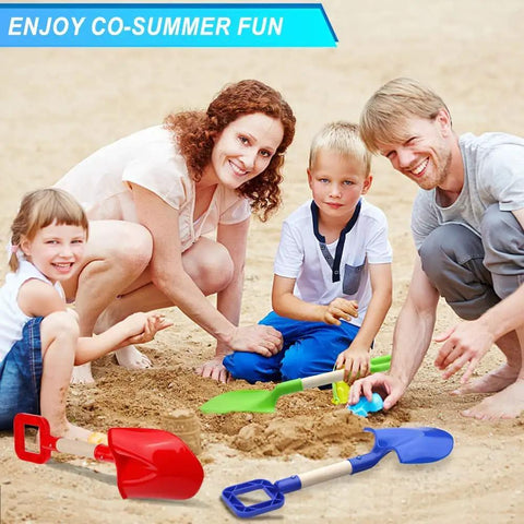 Family playing on beach with 16 Inch Beach Sand Shovel Toy For Kids, Jumbo Garden Scoop Tool Kit, blue and green shovels