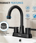 Matte Black 4 Inch Centerset 3 Hole Bathroom Faucet With Two Handles Lead Free Copper Pop Up Drain SUS304 Stainless Steel 1.2 GPM