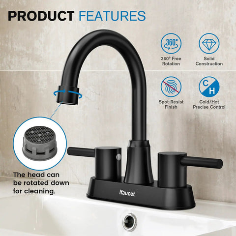 Matte Black 4 Inch Centerset 3 Hole Bathroom Faucet With Two Handles Lead Free Copper Pop Up Drain SUS304 Stainless Steel 1.2 GPM