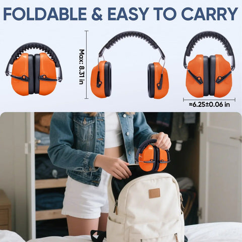 Bright Orange Adjustable Safety Earmuffs For Adults With Real Talk Comfort And Hearing Protection Noise Reduction NRR 26dB For Construction Work And Loud Environments Durable Over Ear Muffs For Shooters And Builders, foldable design shown next to backpack.