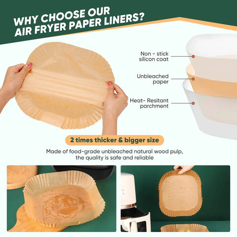 Hands holding air fryer disposable parchment paper liners 8 inch square bleach free food grade oil proof nonstick 100 pack for air frying and baking easy cleanup includes 2 cheat sheets and stainless steel tongs