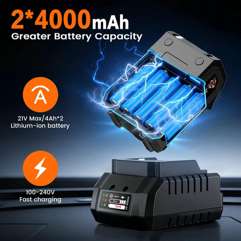 Close-up of a 21V lithium-ion battery pack with dual 4000mAh cells designed for the Badass Brushless Cordless Impact Wrench.
