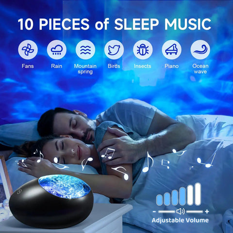 Couple sleeping with the Galaxy Projector Skylight With 24 Light Modes And White Noise Bluetooth Speaker Room Projector Lights.