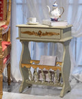 Small Narrow Side Table With Storage Holder Slim End Nightstand For Tight Spaces Industrial Wood Couch Snack Table with gold accents.