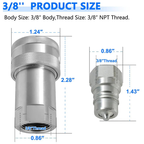 Heavy Duty Hydraulic Quick Connect Coupler Set 3/8 Inch NPT ISO 7241 A Pioneer Style With Dust Caps Poppet Universal Fit