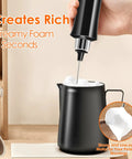 Rechargeable Milk Frother Handheld With 3 Detachable Stainless Steel Whisks 3 Speed Adjustable Electric Whisk Foam Maker Portable Drink Mixer For Coffee Frother Wand With Storage Base And Usb Charging No Fuss creating foam in black jug