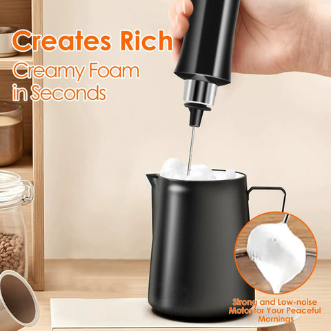 Rechargeable Milk Frother Handheld With 3 Detachable Stainless Steel Whisks 3 Speed Adjustable Electric Whisk Foam Maker Portable Drink Mixer For Coffee Frother Wand With Storage Base And Usb Charging No Fuss creating foam in black jug