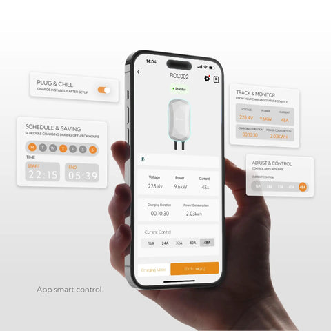 Smartphone displaying app interface for Level 2 Dual Plug EV Charger For All North American Electric Vehicles, 48 Amps 240V Fast Home Wall Connector, Universal J1772 And NACS Compatibility, Plug And Play With App, RFID Access, UL FCC Certified, Mist Silver.