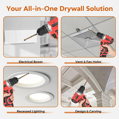 50 Piece Set Of 1/8 Inch Spiral Drywall Router Bits With Left Hand Rotation For Rapid Dust Control and Precision Tracking in action on drywall.