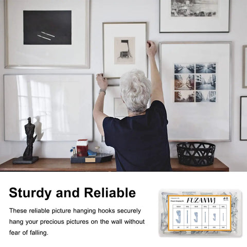 Person using the 117 Piece Picture Hanging Kit Featuring Heavy Duty Rock Steady Hooks Rated 30 50 And 100 Pounds for wall art.