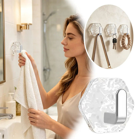 Hella Strong 10 Pcs White Hexagonal Water Ripple Self Adhesive Wall Hooks, heavy duty grip holding towel in bathroom.