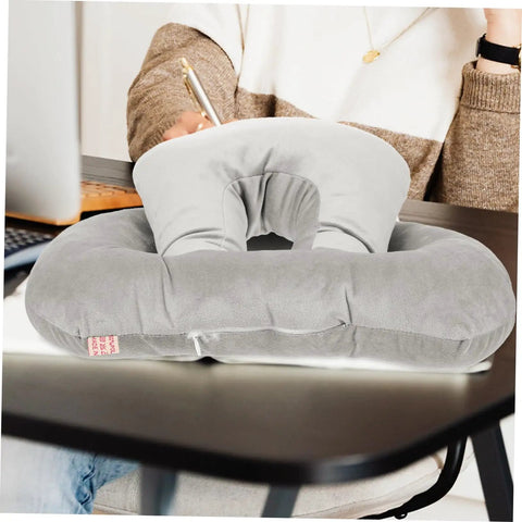 Portable Ergonomic Nap Pillow For Office And School in gray, plush material with arm support for quick power naps on desk.