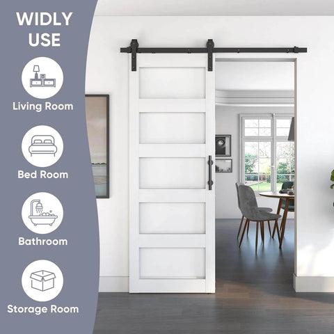 Sliding Glass Barn Door 30x84 Inches With 5 Ft Hardware Kit And Handle Included, 5-Panel Frosted Glass installed in room