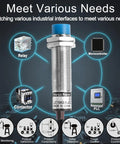 Capacitive Proximity Sensor Switch M18 Non Shield Type with 10mm Sensing Range, blue body, industrial use connections shown.