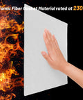 Hand touching High Temperature Ceramic Fiber Gasket Paper Sheets Measuring 11 By 12 Inches And One Eighth Inch Thick Ideal For Insulation In Stoves Furnaces And Fireplaces This 15 Pack White Set Keeps Gaskets Sealing Tight And Safe UCandy with flames in the background