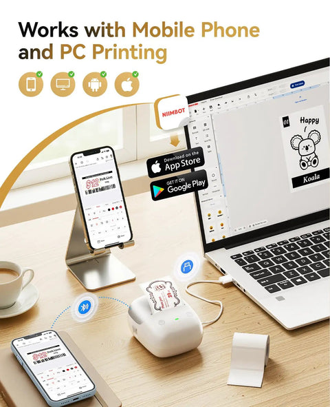 B2 Pro Label Maker with Bluetooth, 300 DPI sticker printer on desk with PC and mobile phone showing label designs for DIY crafts.