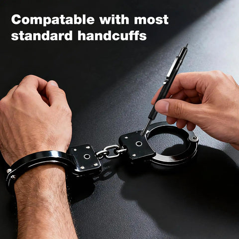 Handcuffs with hand and key demonstrating Set Of 3 Universal Handcuff Keys, Durable Pocket Keychain Cuff Key Kit in use