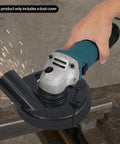 Universal 9 Inch Angle Grinder Cover With Heavy Duty Tough As Nails Debris Extraction Shroud on angle grinder with sparks flying.