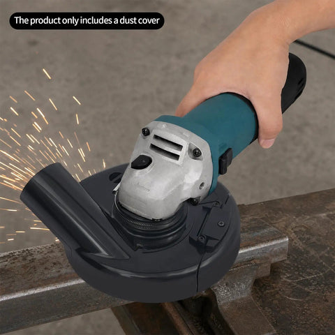 Universal 9 Inch Angle Grinder Cover With Heavy Duty Tough As Nails Debris Extraction Shroud on angle grinder with sparks flying.