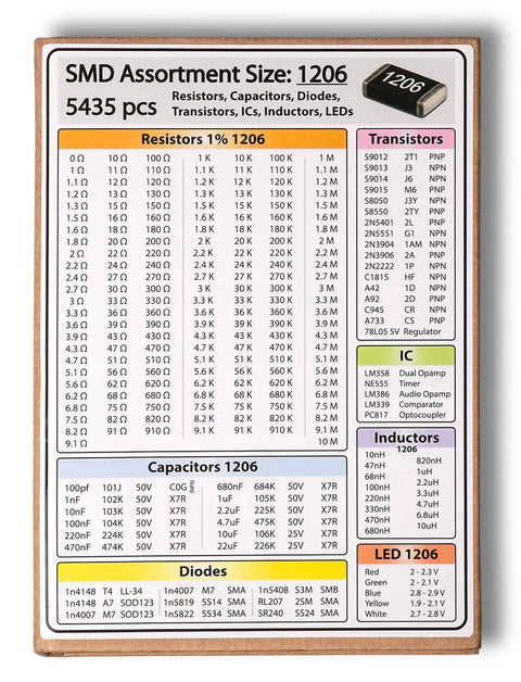 1206 SMT Electronic Components Book Kit With 5435 Pieces Including Resistors Capacitors Transistors And Diodes For Pro Projects And DIYers Great For Repair Prototyping And Learning Electronics, detailed component list shown on cover