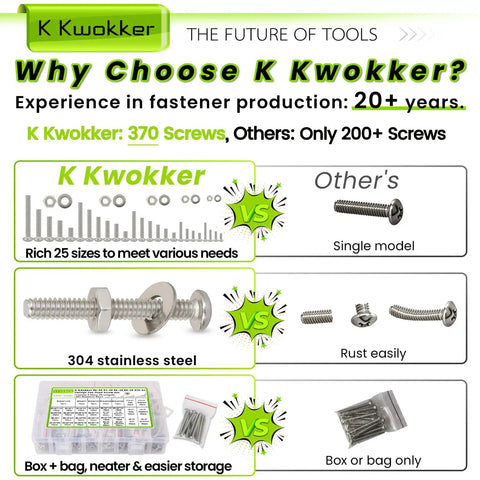 Comparison chart of K Kwokker 1110 Piece Nuts Bolts and Washers Set With 25 Sizes and 5 Models Stainless Steel 304 Screws Kit