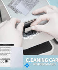 Person using Dual Side Card Reader Cleaning Cards For CR80 Terminals, No Fuss Quick Dry Cleaning Solution For POS Devices, Pre Packed For Fast Clean, Safe On Cards, 10 Pack.