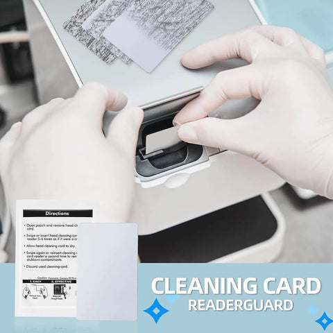 Person using Dual Side Card Reader Cleaning Cards For CR80 Terminals, No Fuss Quick Dry Cleaning Solution For POS Devices, Pre Packed For Fast Clean, Safe On Cards, 10 Pack.