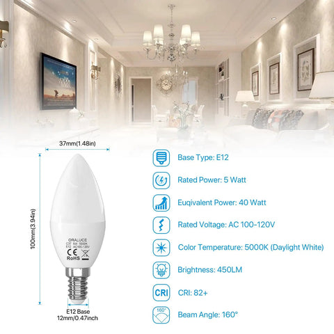 Led E12 Candelabra Light Bulbs 40W Equivalent 450Lm 5W Non Dimmable Daylight White 5000K Type B For Ceiling Fans And Chandeliers Six Pack Save Some Bucks On Bills Long Lifespan 25,000 Hours