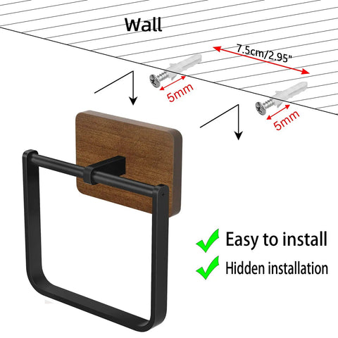 Two Pack Square Towel Ring And Hand Towel Holder For Bathroom And Kitchen Wall Mount Heavy Duty Storage In Rustic Wood And Matte Black Metal Finish Practical And Stylish, with installation instructions showcasing hidden screws and easy wall mount.