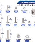 304 Stainless Steel Machine Screws Bolts Nuts And Washers Assortment Kit With 8 Sizes And 237 Pieces displayed with specifications