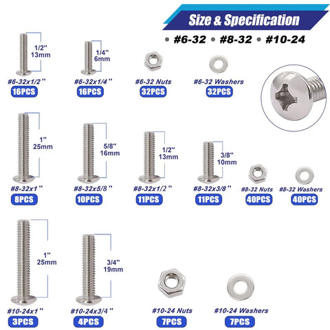 304 Stainless Steel Machine Screws Bolts Nuts And Washers Assortment Kit With 8 Sizes And 237 Pieces displayed with specifications