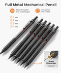 Metal Mechanical Pencil Set With Case For Drawing And Sketching, Six Pencils In 0.5, 0.7, 0.9, And 2.0mm displayed with grip and dispenser