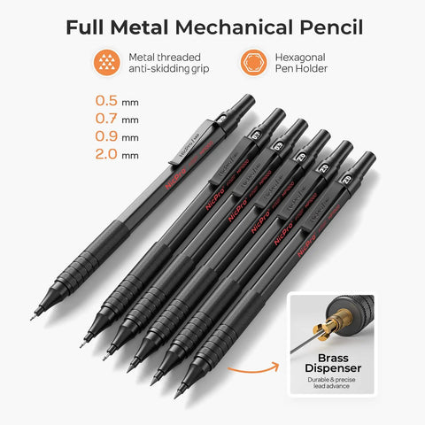 Metal Mechanical Pencil Set With Case For Drawing And Sketching, Six Pencils In 0.5, 0.7, 0.9, And 2.0mm displayed with grip and dispenser