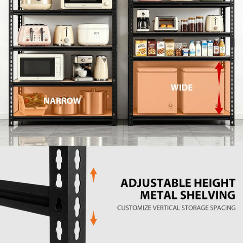 Heavy Duty 5 Tier Adjustable Storage Shelves Rack Holds Up To 3000 Lbs For Garage Kitchen Basement Pantry Or Warehouse Durable Metal Shelving With Solid Wooden Boards 72 In High 36 In Wide 16 In Deep Black, adjustable metal shelving with wood boards and narrow/wide shelf spacing