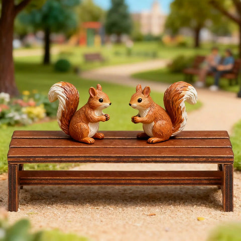Miniature wooden bench with squirrels, part of the 'Two Pack Miniature Wooden Benches For Dollhouse Furniture And Fairy Garden Decor Realistic Retro Brown Wood Look Perfect Doll House Lawn Park And Garden Accessories Totally Cute Collectible Props' set.