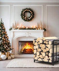15.5 Inch Compact Metal Firewood Rack With Built In Fire Blower For Indoor And Outdoor Use, beside decorated fireplace and tree