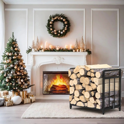 15.5 Inch Compact Metal Firewood Rack With Built In Fire Blower For Indoor And Outdoor Use, beside decorated fireplace and tree
