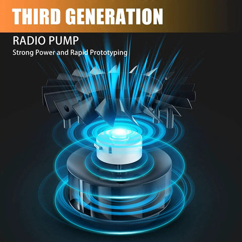 Graphic of third generation radio pump showcasing strong power and rapid prototyping technology with blue energy lines.