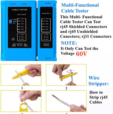 Multi-functional cable tester and wire stripper in the RJ45 Pass Through Crimping Tool Kit for Cat6 Cat5e Cat5.