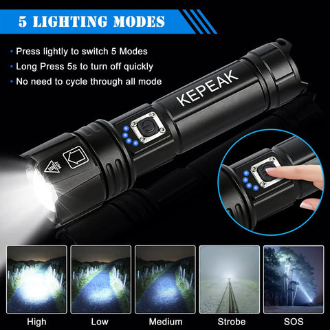 5 Modes 1000 Lumen Beast Mode Tactical LED Flashlight With IPX5 Water Resistance, close-up of settings and lighting modes