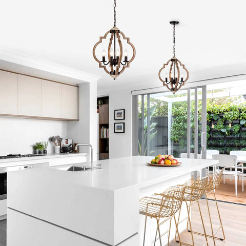 Openwork Quatrefoil Modern Farmhouse Chandelier Handcrafted Wood Frame In Oak Finish Four Light Pendant in kitchen