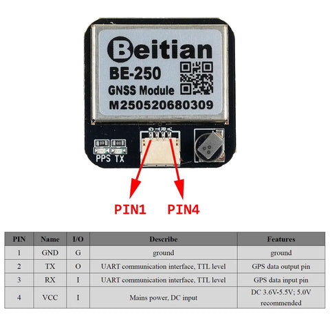 Beitian GPS GNSS Positioning Module Plug And Play With M10050 Chip For Fixed Wing FPV Racing Drones, label and pin diagram