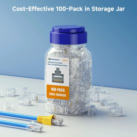 Cat6 Pass Through RJ45 Connectors 100 Pack Gold Plated 50 Micron For Solid Or Stranded UTP Ethernet Cable Storage Jar