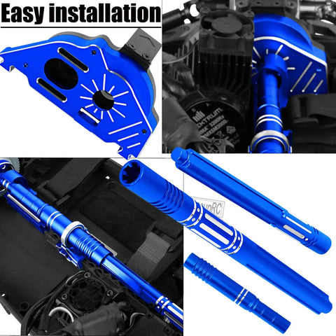 OneTenth Big Rock 3S 4x4 Upgrade Kit Pro Grade Aluminum Gearbox Support in Navy Blue shown installed and disassembled