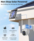 Wireless Outdoor Security Camera Kit with solar panel on house corner; 4MP, 360° PTZ, WiFi, local storage, color night vision.