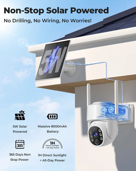 Wireless Outdoor Security Camera Kit with solar panel on house corner; 4MP, 360° PTZ, WiFi, local storage, color night vision.