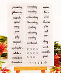 Straight Up Durable Calendar Clear Stamps With Solid Silicone Week Month Year Date Numbers sheet featuring months and days for crafting.